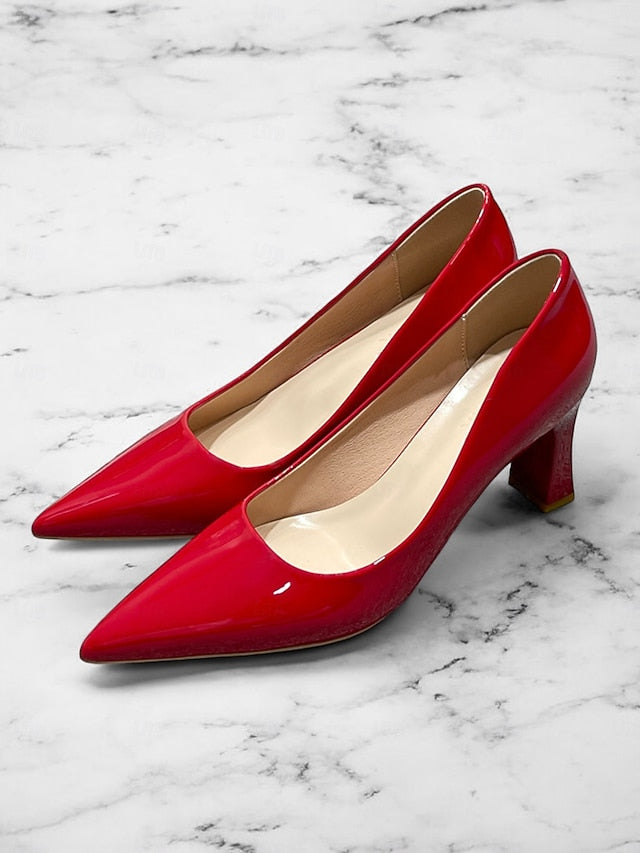 Pointed-Toe Glossy Patent Leather Heel Green Pumps Faux Block FashionChic