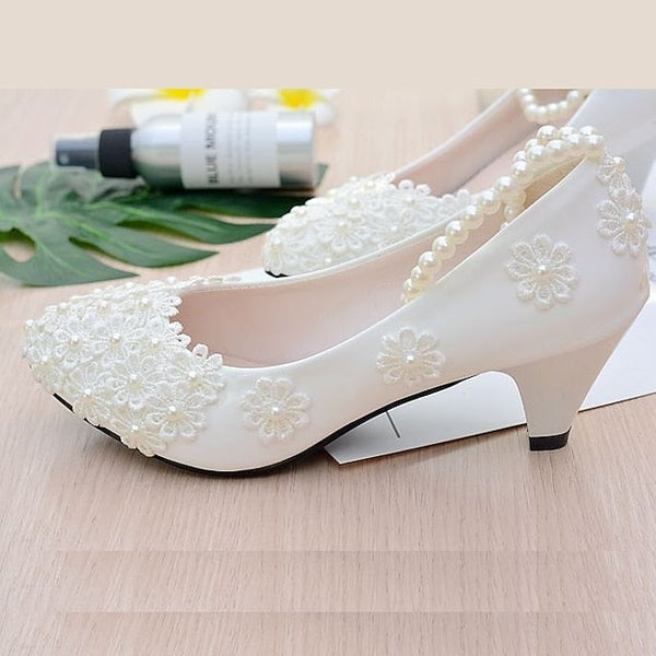 Lace Floral Women's White Wedding Pearl Heels – Decorated FashionChic