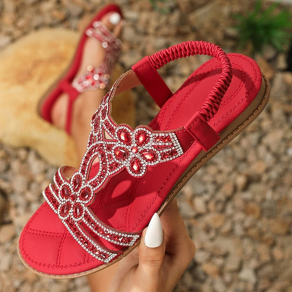 T-Strap Sandals Women's Silver Boho Rhinestone Flat – FashionChic