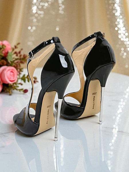 Women's Strappy Red Open Stiletto Heels Leather - Patent FashionChic