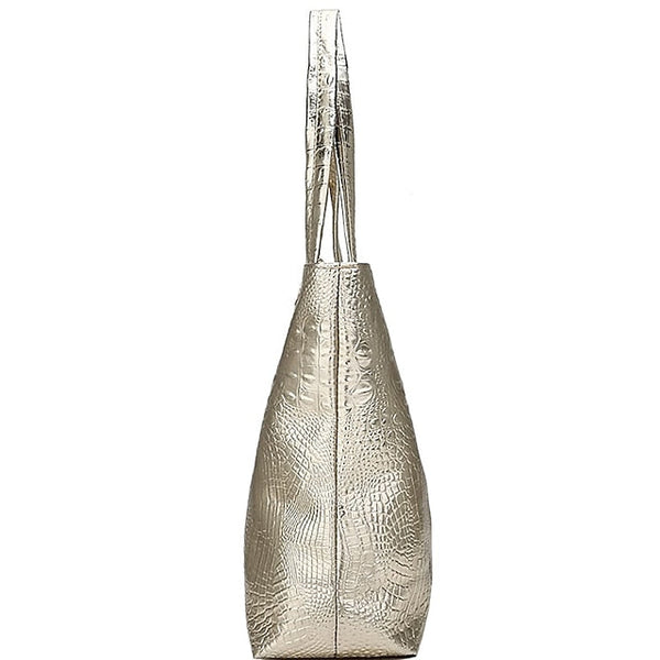 Bag Faux Large Tote Embossed Women's Croc Silver | Capacity FashionChic