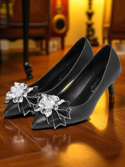 Bow Wedding Low White Shoes Women's Crystal with Heel FashionChic