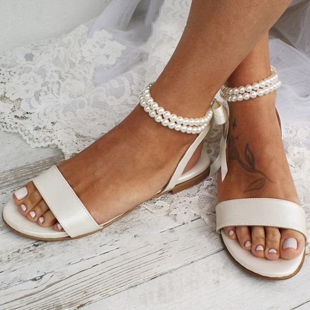 Sandals Women's Flat Ankle White Pearl Strap with – FashionChic