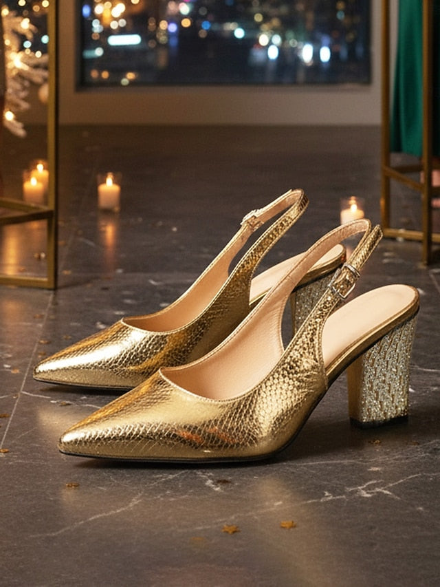 with Block - Pointed Heel Women's Pumps Toe Gold Slingback FashionChic
