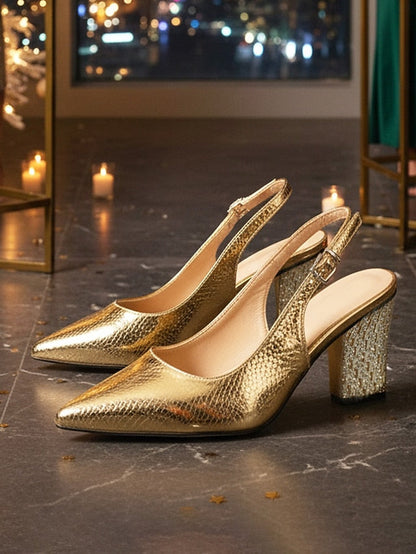 with Block - Pointed Heel Women's Pumps Toe Gold Slingback FashionChic