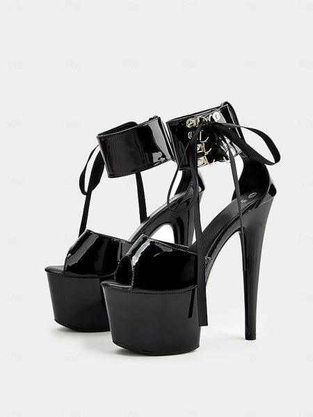 Lace-Up Sandals Ankle Straps Black with Leather Platform Patent FashionChic