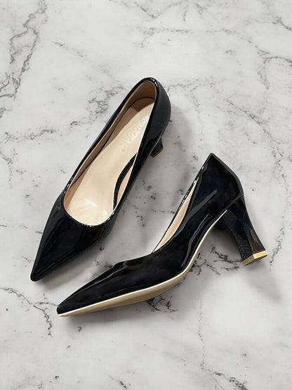 Pointed-Toe Glossy Patent Leather Heel Green Pumps Faux Block FashionChic