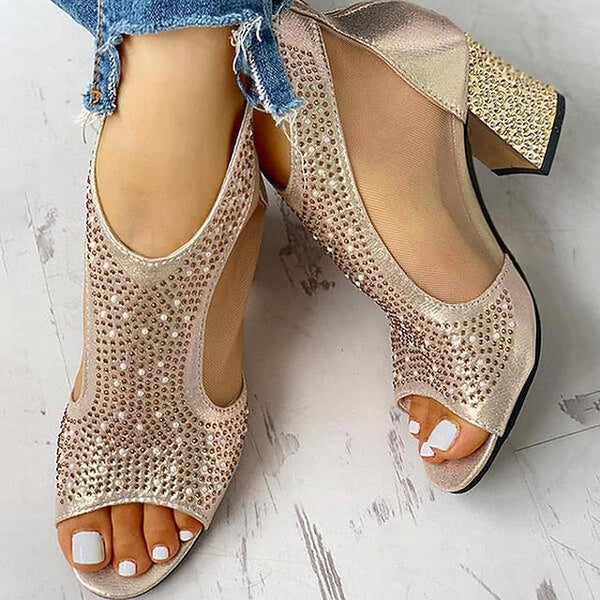Glitter Sandals Peep Elegant Heeled with Gold Toe Women's FashionChic