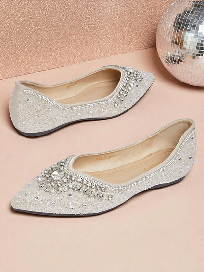 with Pointed Crystal Flats Glitter Women's Toe Silver FashionChic