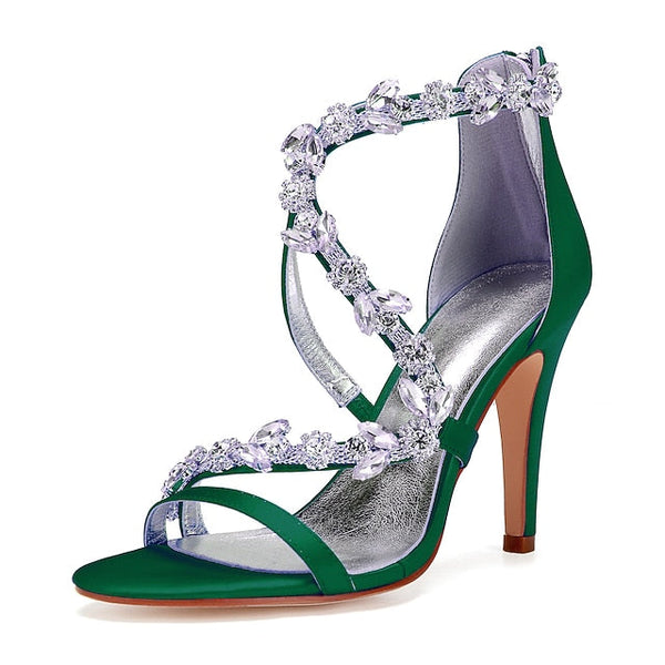 Pink Rhinestone Women's Heel Satin Floral High Sandals with FashionChic