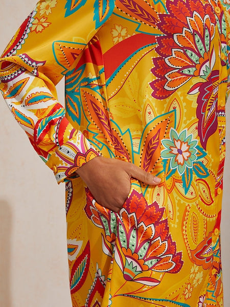 Vacation Yellow Paisley Print Straight Fit Satin Shirt Dress FashionChic