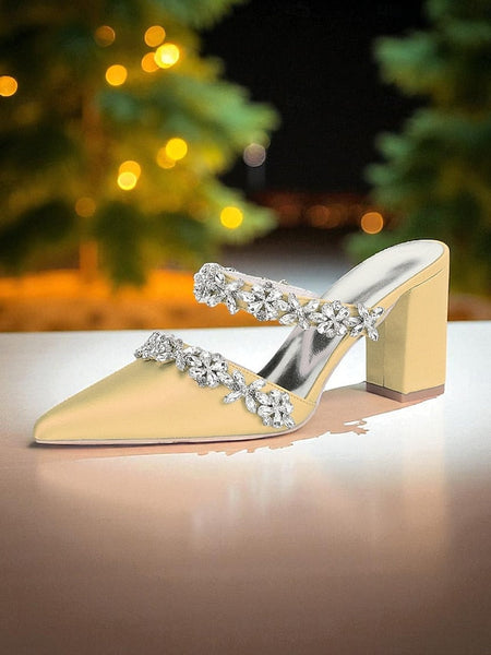 with Heel Mules Satin Floral Block Women's Black Rhinestone FashionChic