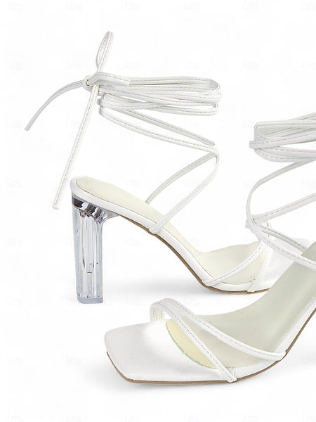 Lace-Up with Women's Strappy Heel White Block Heels Clear FashionChic