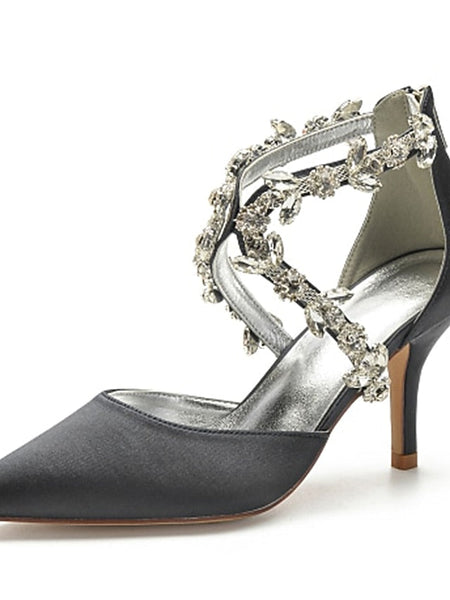 Heels Elegant Women's Satin White Crystal – Strap Pointed FashionChic