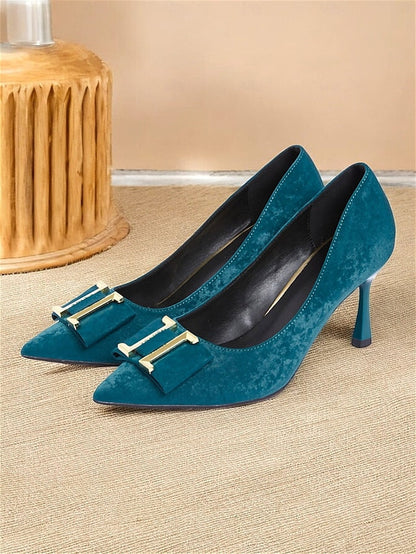 Teal Elegant Pointed - Heel Women's Pumps Toe Velvet Kitten FashionChic