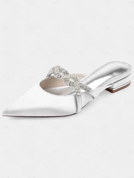 Satin - Pointed-Toe Rhinestone Detailing Blue with Heels Mule FashionChic