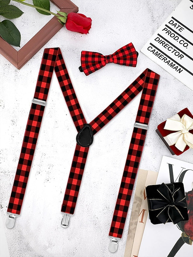 Men's Set Tie Plaid and Adjustable Suspender Bow Christmas FashionChic
