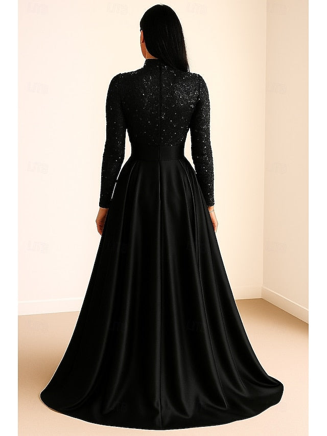 Black Formal Dress A-Line Carnival Gown Evening Sequined Elegant FashionChic