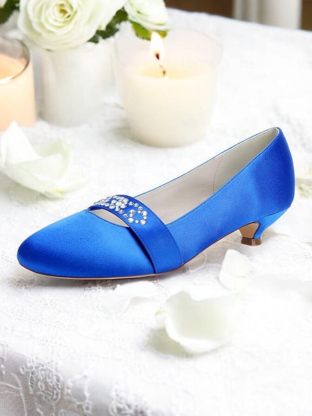 Blue Satin Heels Kitten Rhinestone with Women's FashionChic