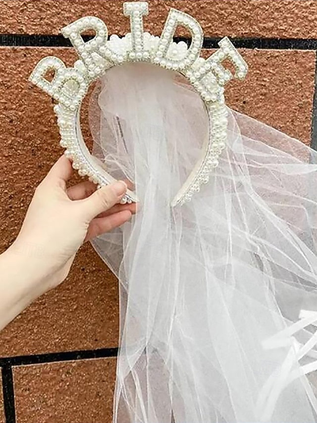 – with Pearl-Embellished Headband Veil 'BRIDE' FashionChic