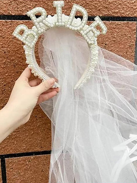 – with Pearl-Embellished Headband Veil 'BRIDE' FashionChic