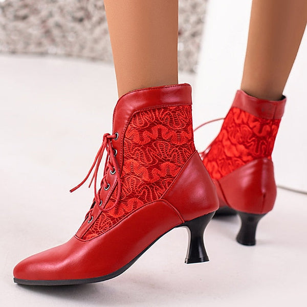 White Ankle Lace-Up Embroidered with Boots Women's Panels FashionChic