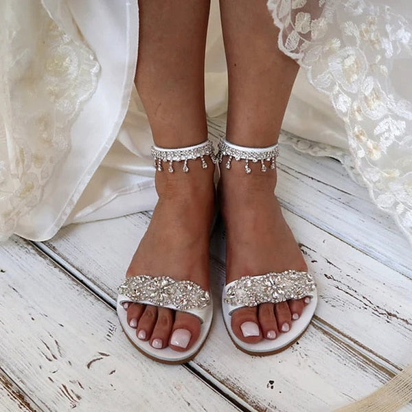 Elegant White – Rhinestone Sandals Women's Bridal Flat FashionChic