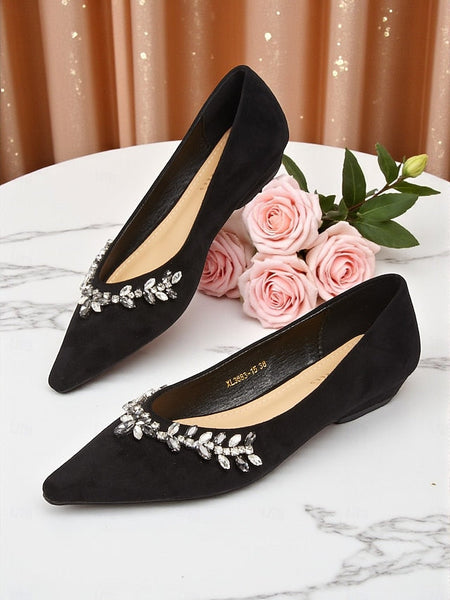 with Black Women's Pointed Flats Toe Rhinestone Suede FashionChic