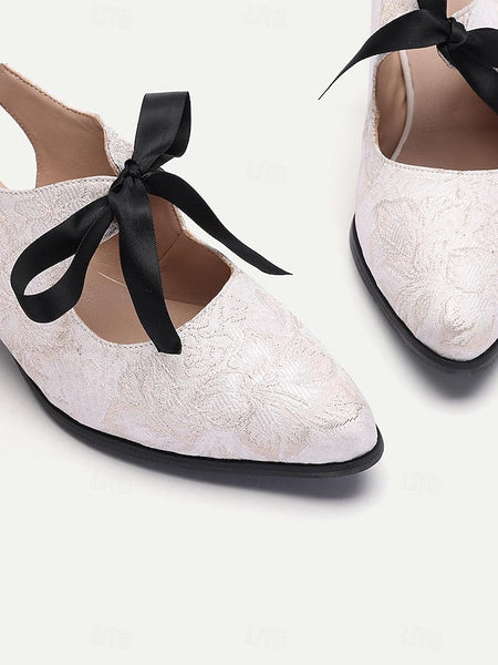 Heels Lace Bow Vintage Slingback Women's Elegant - with FashionChic