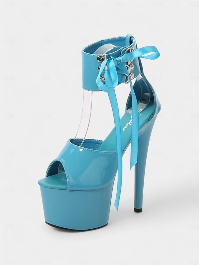 Lace-Up Sandals Ankle Straps Black with Leather Platform Patent FashionChic