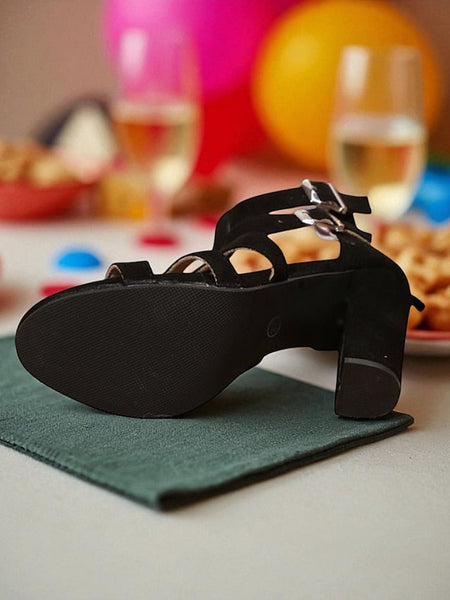 Suede Toe - Strappy Women's Sandals Open Block Heel Black FashionChic