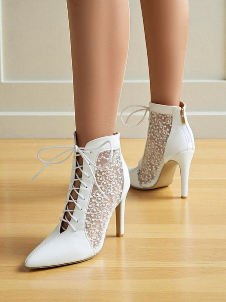 Women's Mesh Booties Ankle Lace Stiletto White Heels with FashionChic