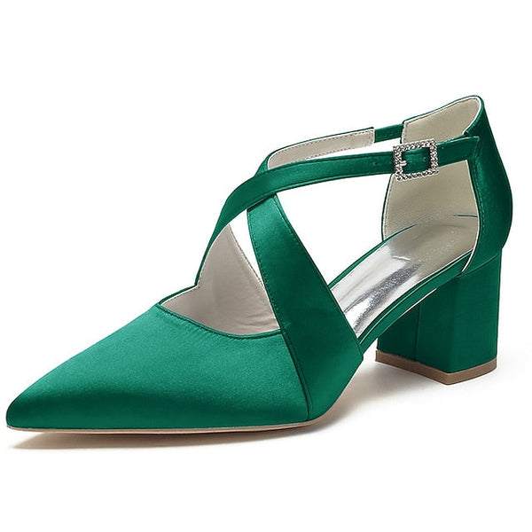 Heels White Pointed Satin Toe Block Women's – Elegant FashionChic