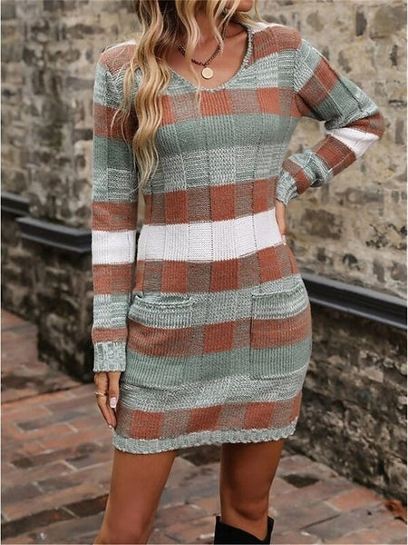 Women's Plaid V Neck Maxi Dress Long Sleeve Spring Fall