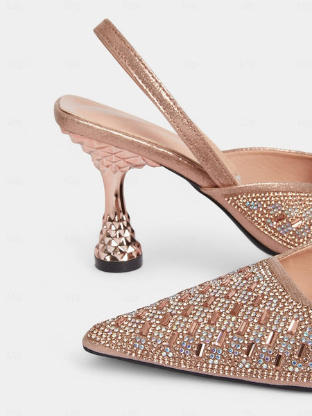 Geometric with Gold Women's Slingback Rhinestone Rose Heels FashionChic