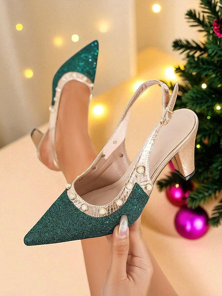 Gold High Slingback Green Women's Strap Glitter Heels with FashionChic