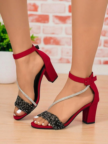 Ankle Sandals Block with Women's Strap Heel Rhinestone FashionChic