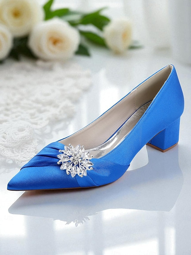 Block Heel Low Crystal Pumps Women's with White FashionChic