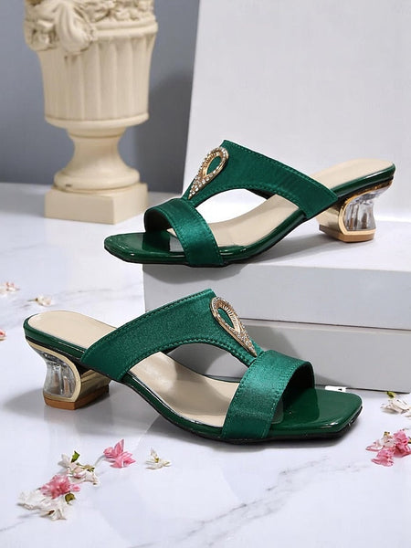 Slide Rhinestone Women's Green Sandals with Satin FashionChic