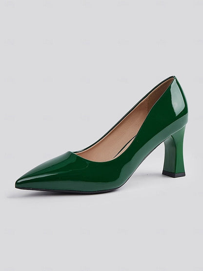 Pointed-Toe Glossy Patent Leather Heel Green Pumps Faux Block FashionChic
