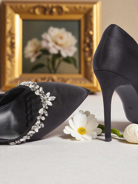 Pointed Heels Toe Crystal Satin with Women's Embellishment FashionChic