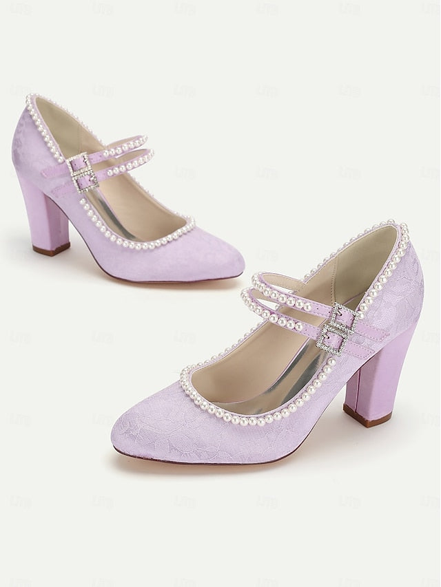Heels Embellished Purple Mary Pearl Women's Jane - Lace FashionChic