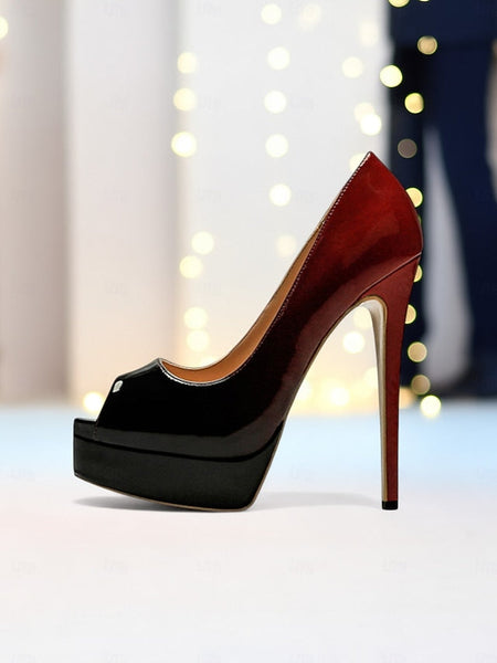 High Platform Black Patent Heels Peep Toe Leather Women's FashionChic