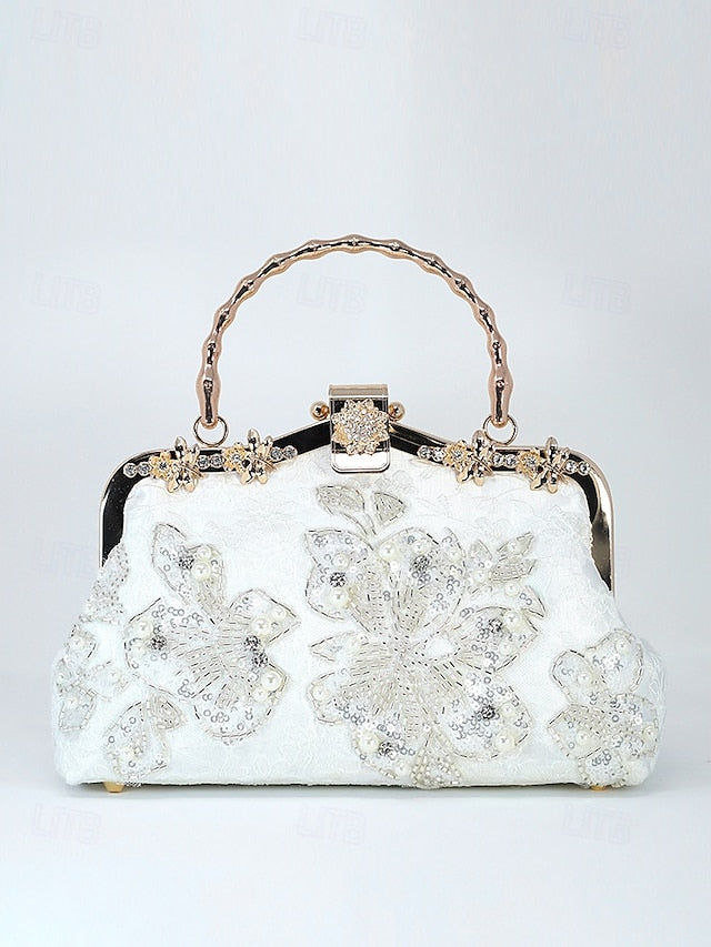 Handbag Floral Pearl and Evening White Lace Elegant with FashionChic