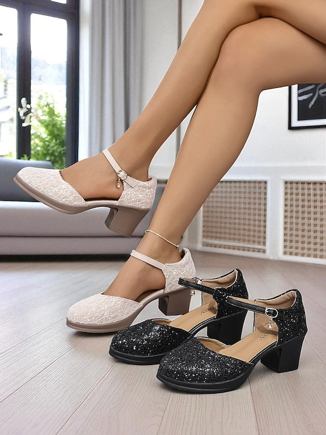 Jane Comfortable Mary Shoes Women's Low Lace Chunky - Heel FashionChic