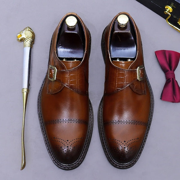 Dress Genuine Strap Black Men's Leather Monk First Shoes- FashionChic