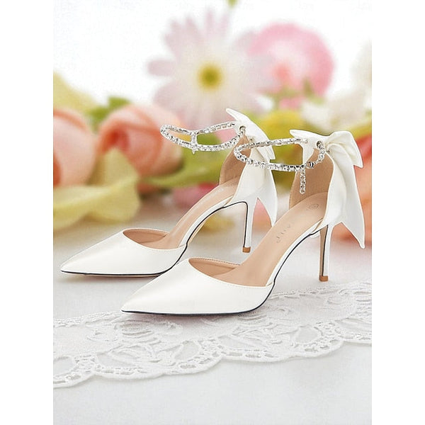 Toe Satin and with Pointed Bow Heels Ivory Women's Stiletto FashionChic