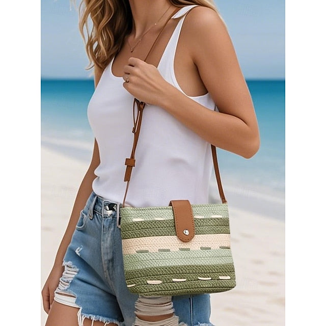 Woven with Women's Colorblock Straw Striped Brown Tote Bag FashionChic