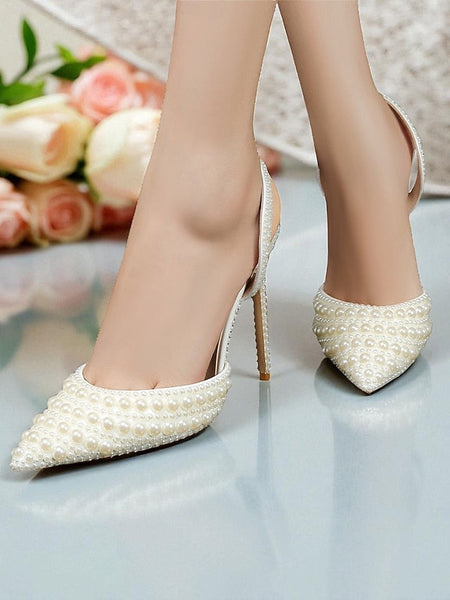 White Pearl-Embellished Slingback Heels Leather Women's - FashionChic