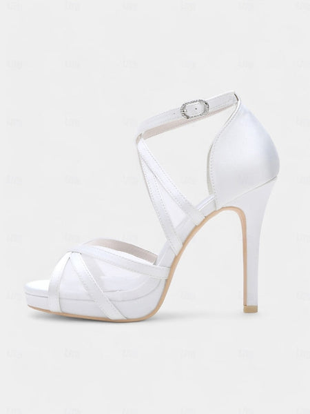 Heel Cross White Sandals - with Satin High Straps Perfect Bridal FashionChic